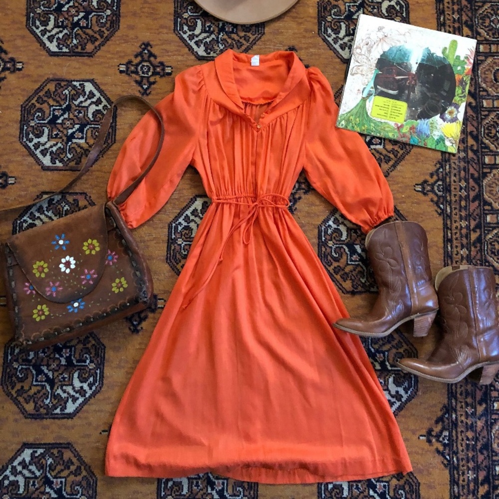 Vintage 70s orange midi dress